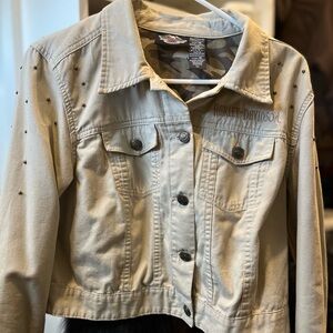 Harley Davidson women XL cropped tan jean jacket with studs EUC